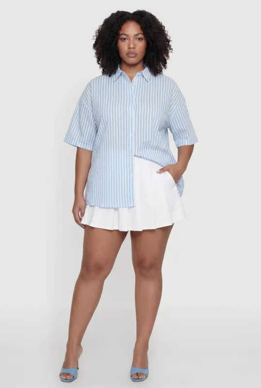 Plus Size Striped Side Slit Tie Front Shirt made by Rainbow