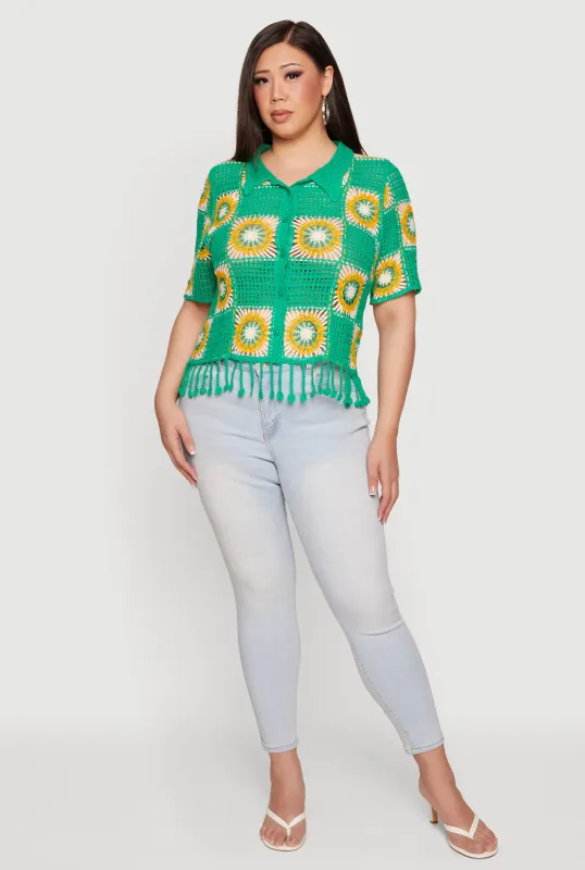 Plus Size Pom Pom Fringe Hem Crochet Top made by Rainbow