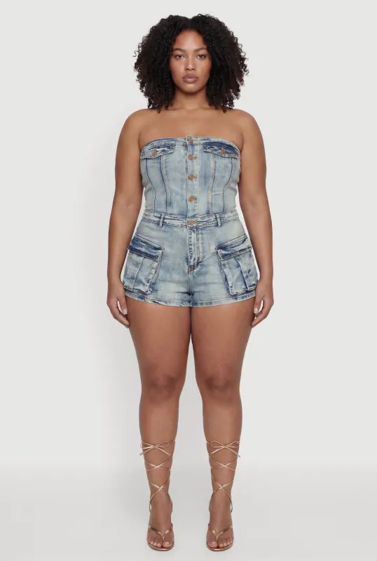 Plus Size Acid Wash Cargo Pocket Denim Romper made by Daisy