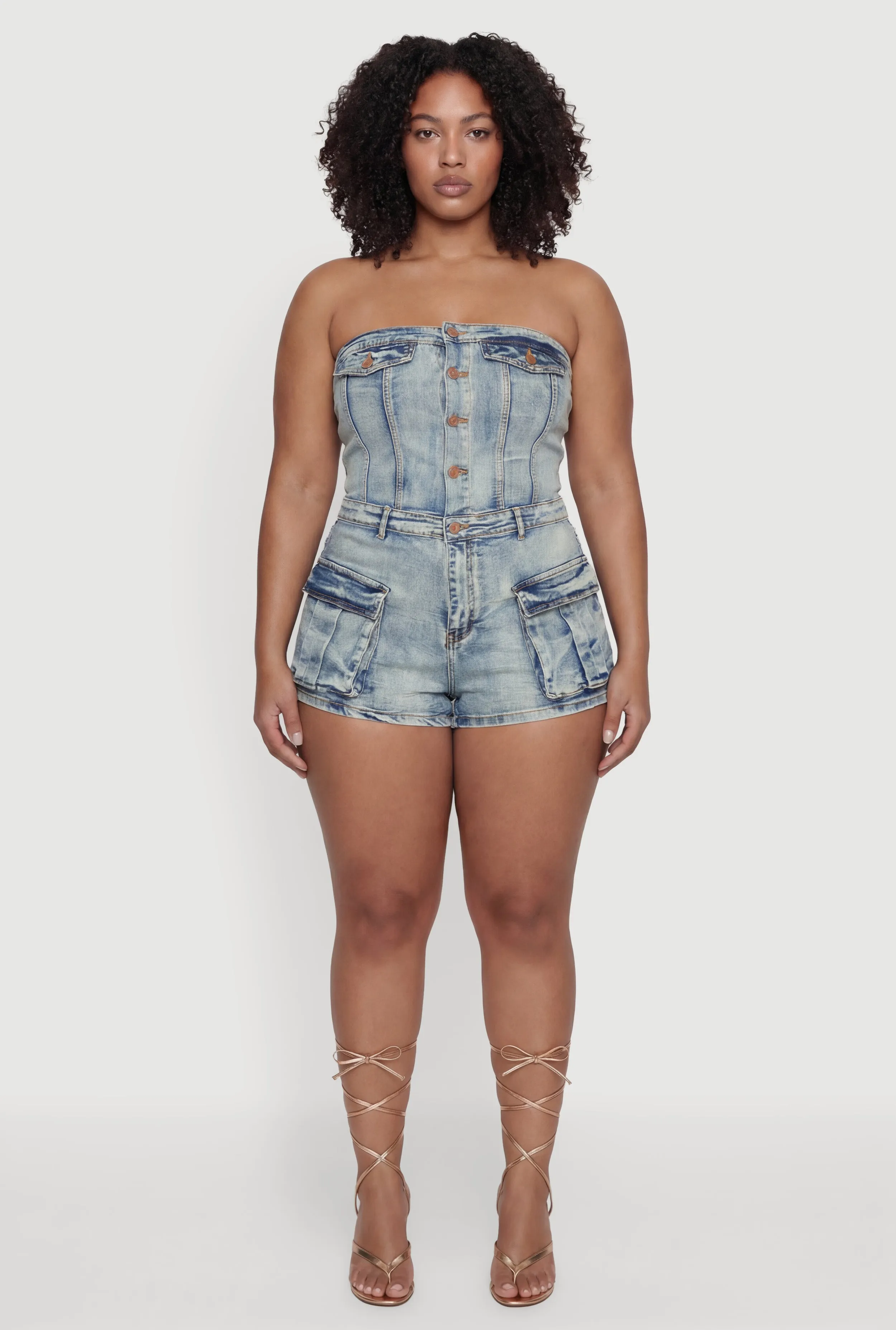 Plus Size Acid Wash Cargo Pocket Denim Romper sold by Rainbow