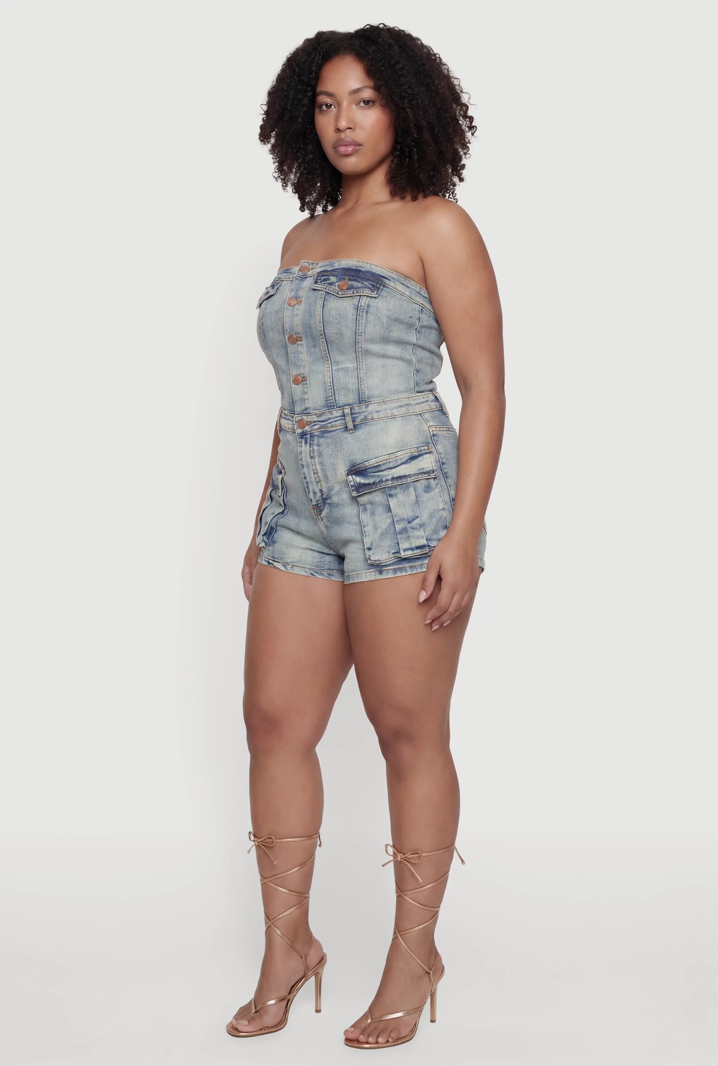 Plus Size Acid Wash Cargo Pocket Denim Romper sold by Rainbow product image thumbnail 2