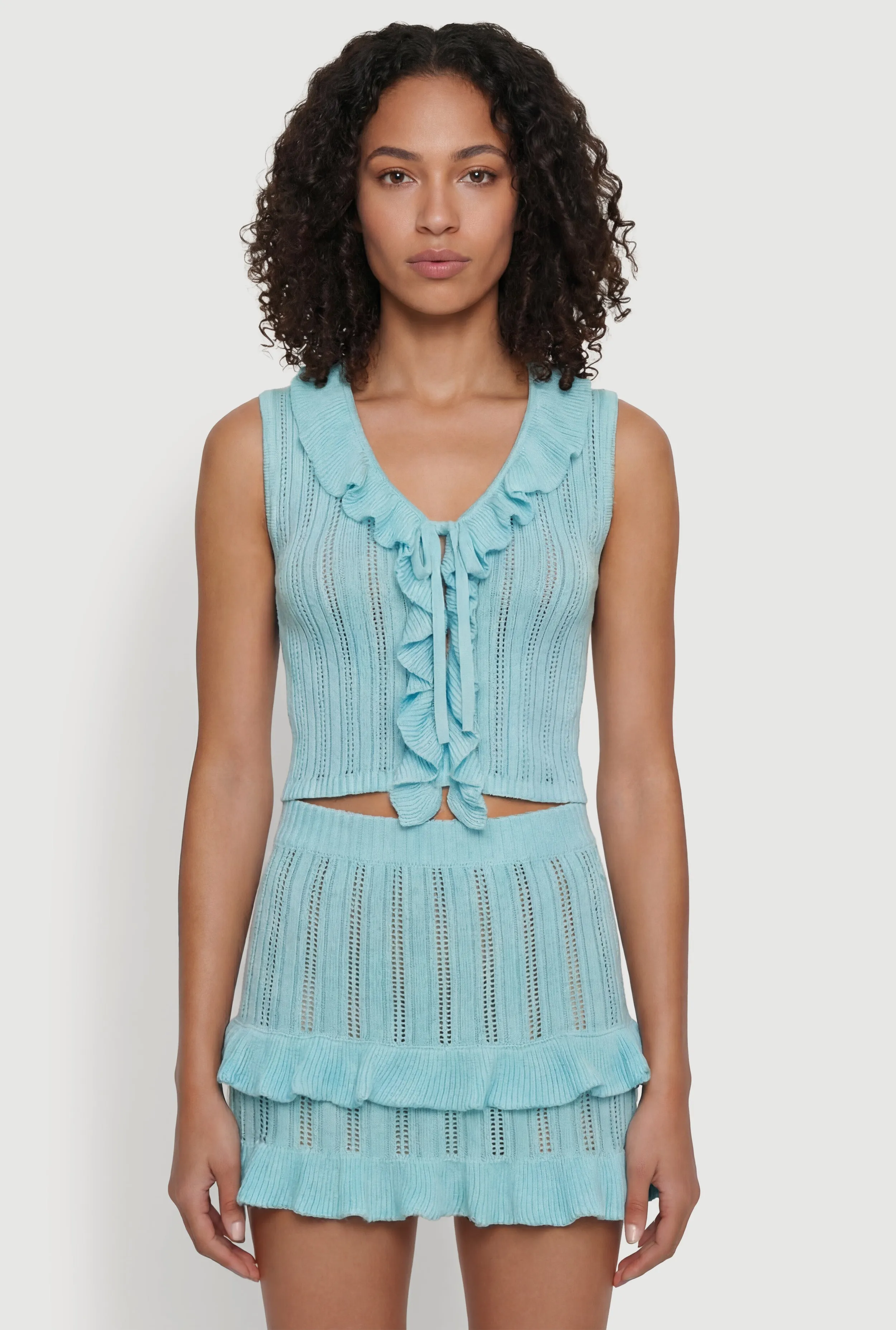 Ruffle Trim Button Front Tie Detail Crochet Vest sold by Rainbow product image thumbnail 3