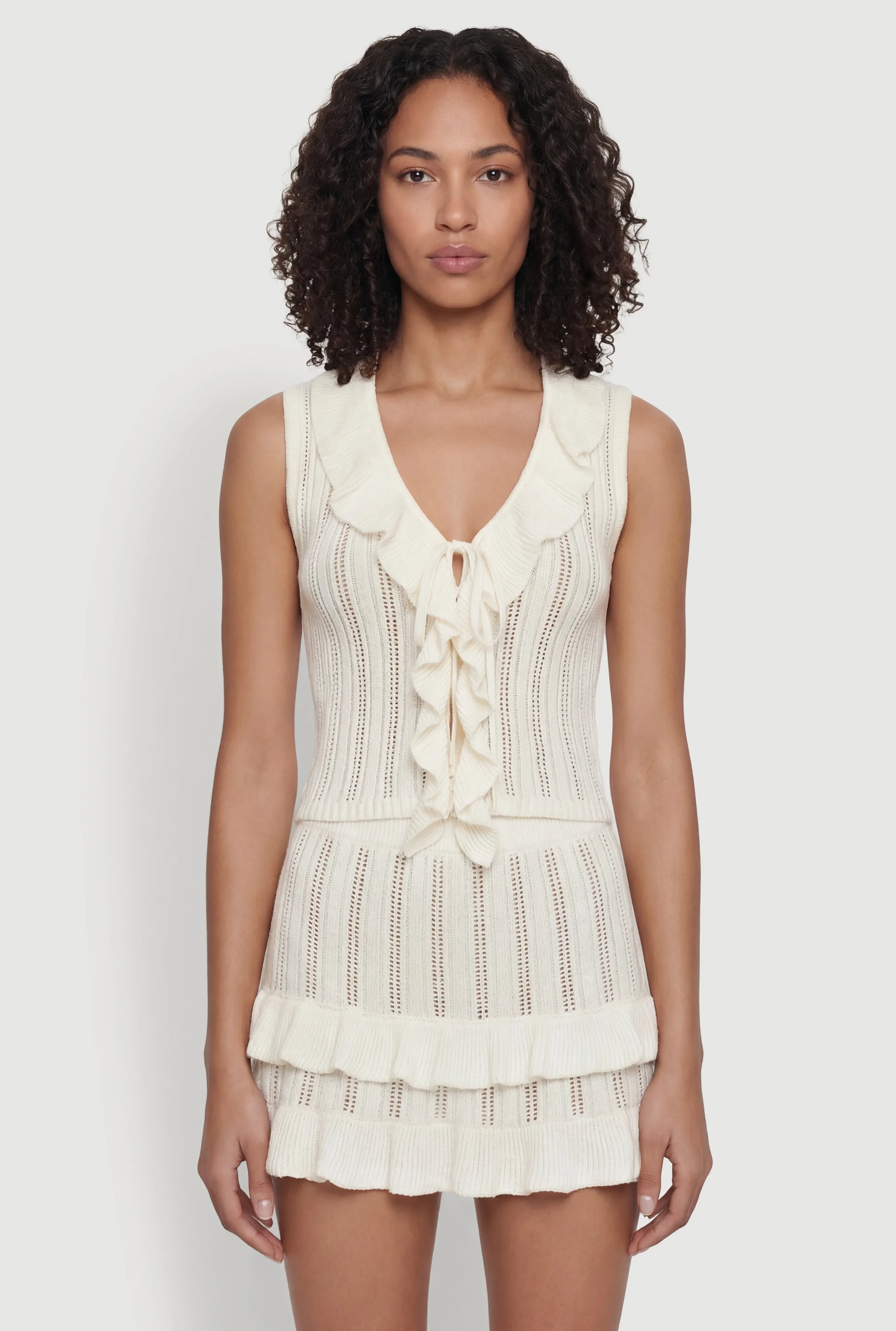 Ruffle Trim Button Front Tie Detail Crochet Vest sold by Rainbow