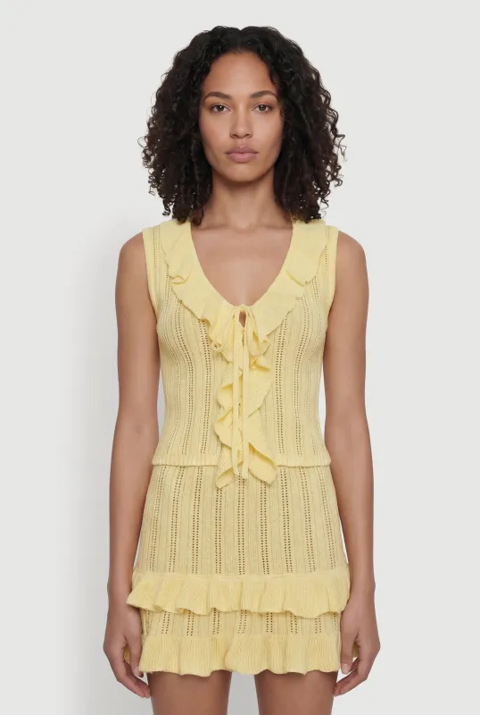Ruffle Trim Button Front Tie Detail Crochet Vest made by Almost Famous