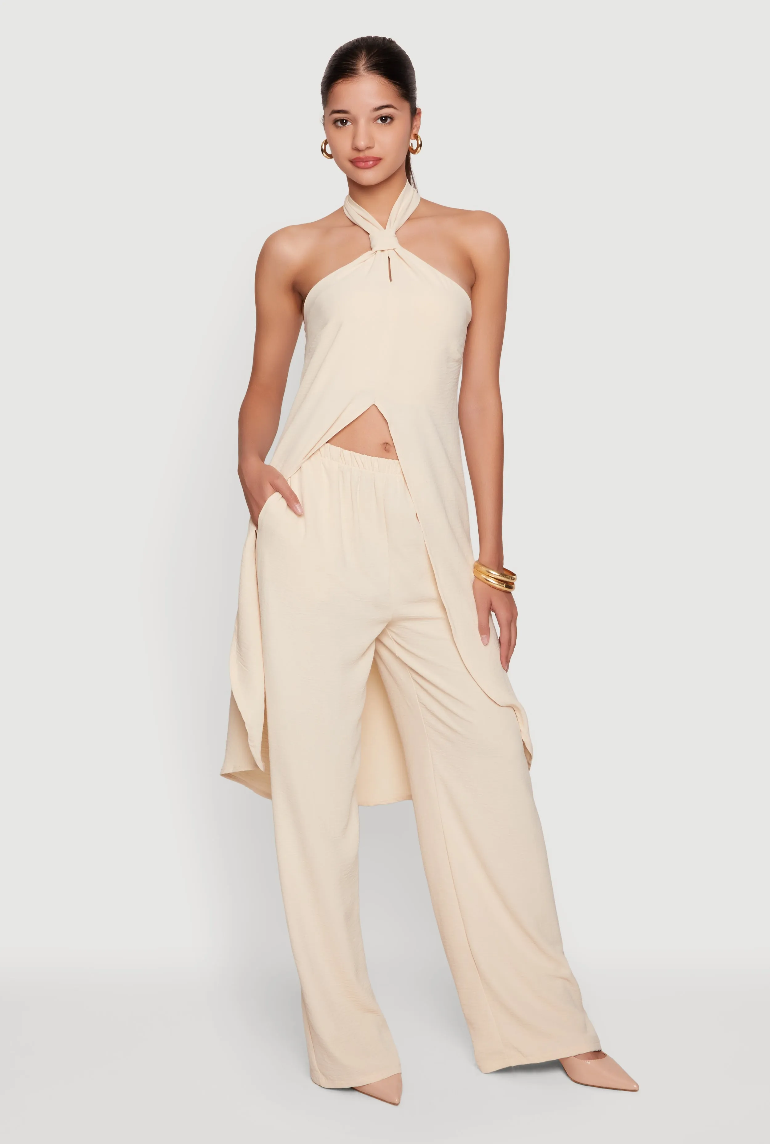 Crepe Knit High Waisted Wide Leg Pull On Pants sold by Rainbow