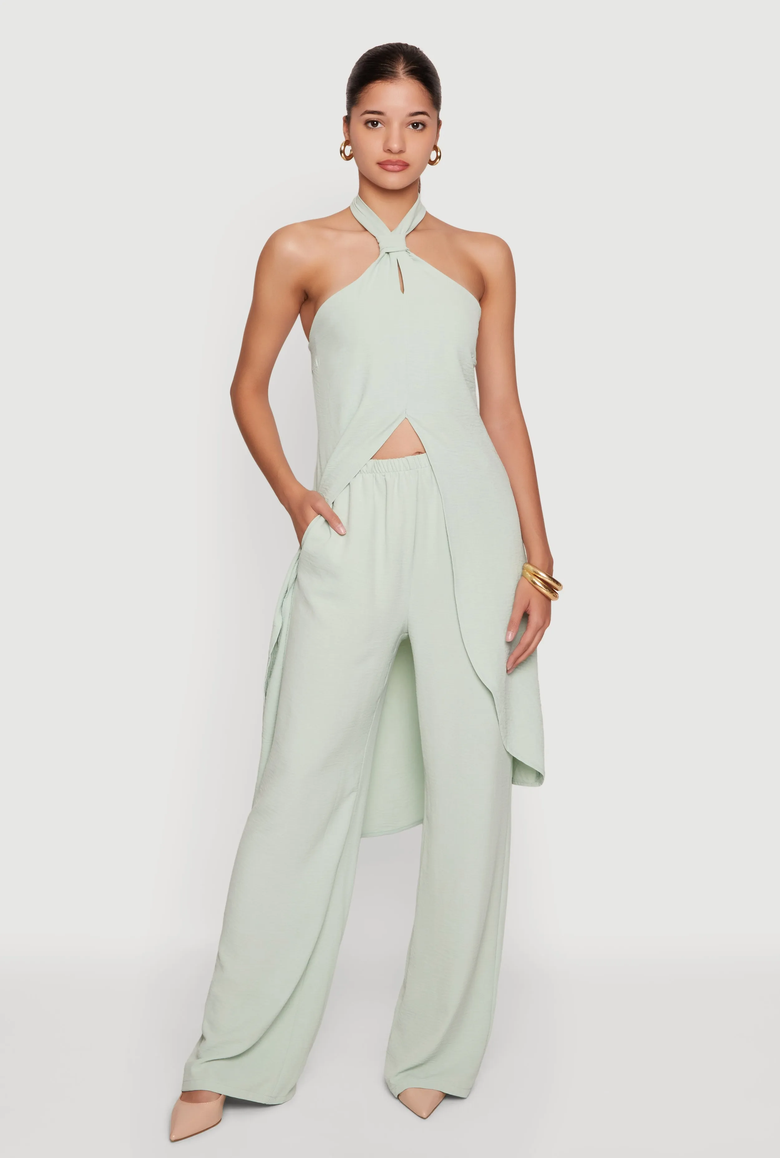 Crepe Knit High Waisted Wide Leg Pull On Pants sold by Rainbow