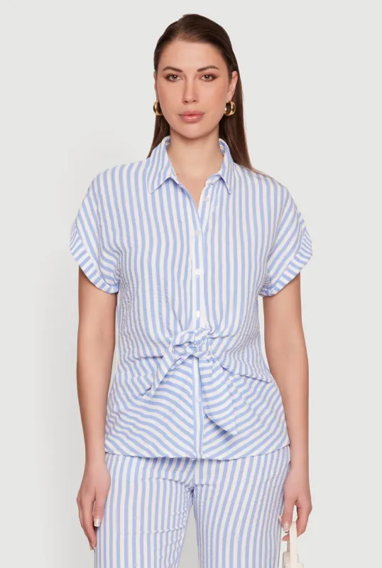 Striped Crepe Knit Button Front Blouse made by Rainbow