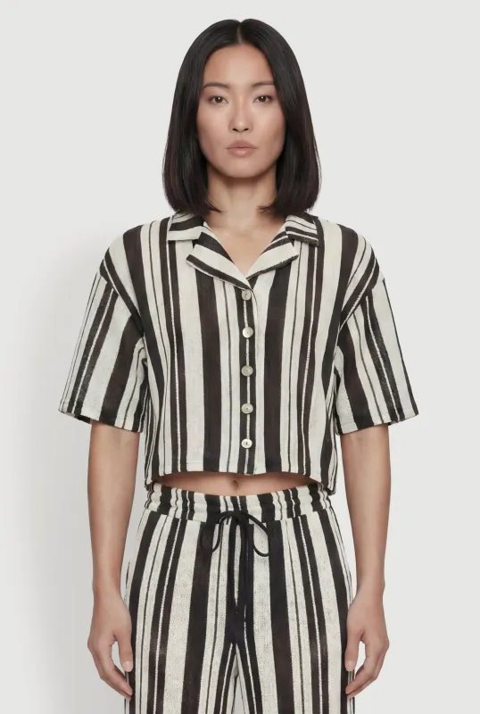 Striped Collared Button Front Crop Top made by Rainbow