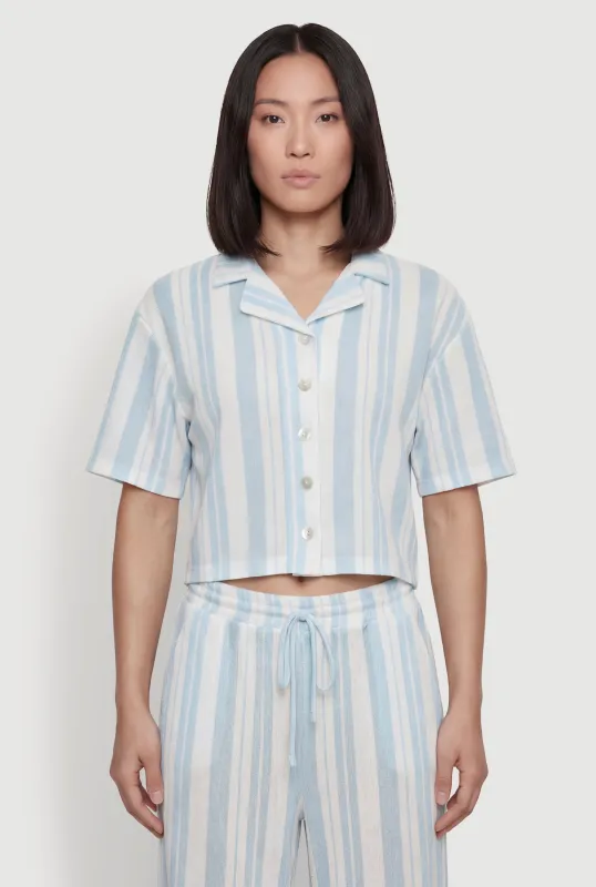 Striped Collared Button Front Crop Top made by Rainbow