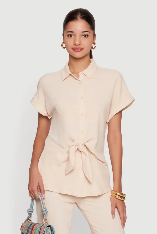 Crepe Knit Button Front Blouse made by Rainbow