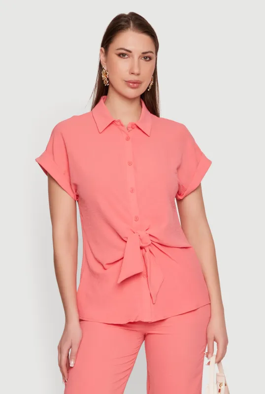 Crepe Knit Button Front Blouse made by Rainbow