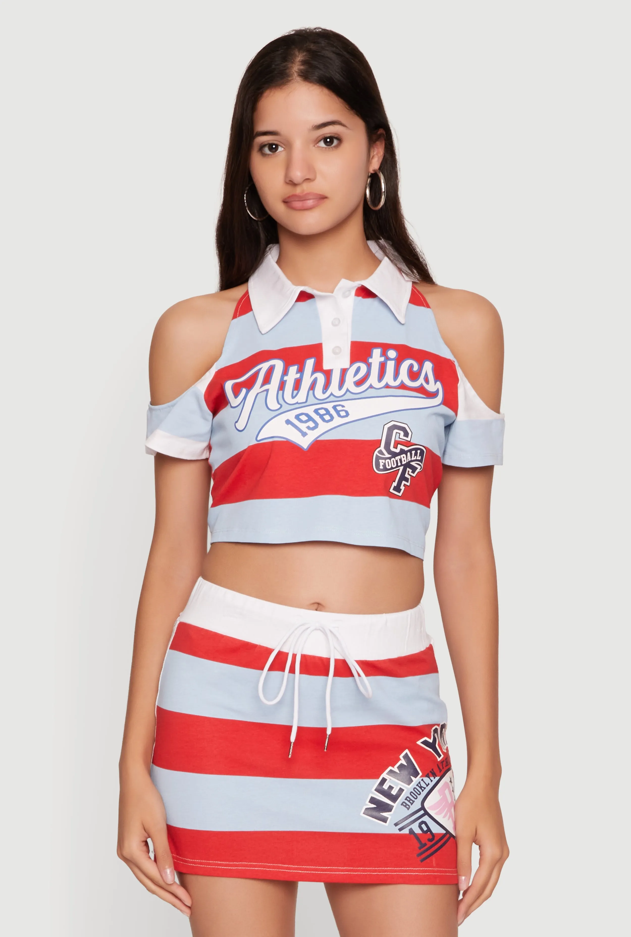 Graphic Striped Cold Shoulder Polo Crop Top sold by Rainbow