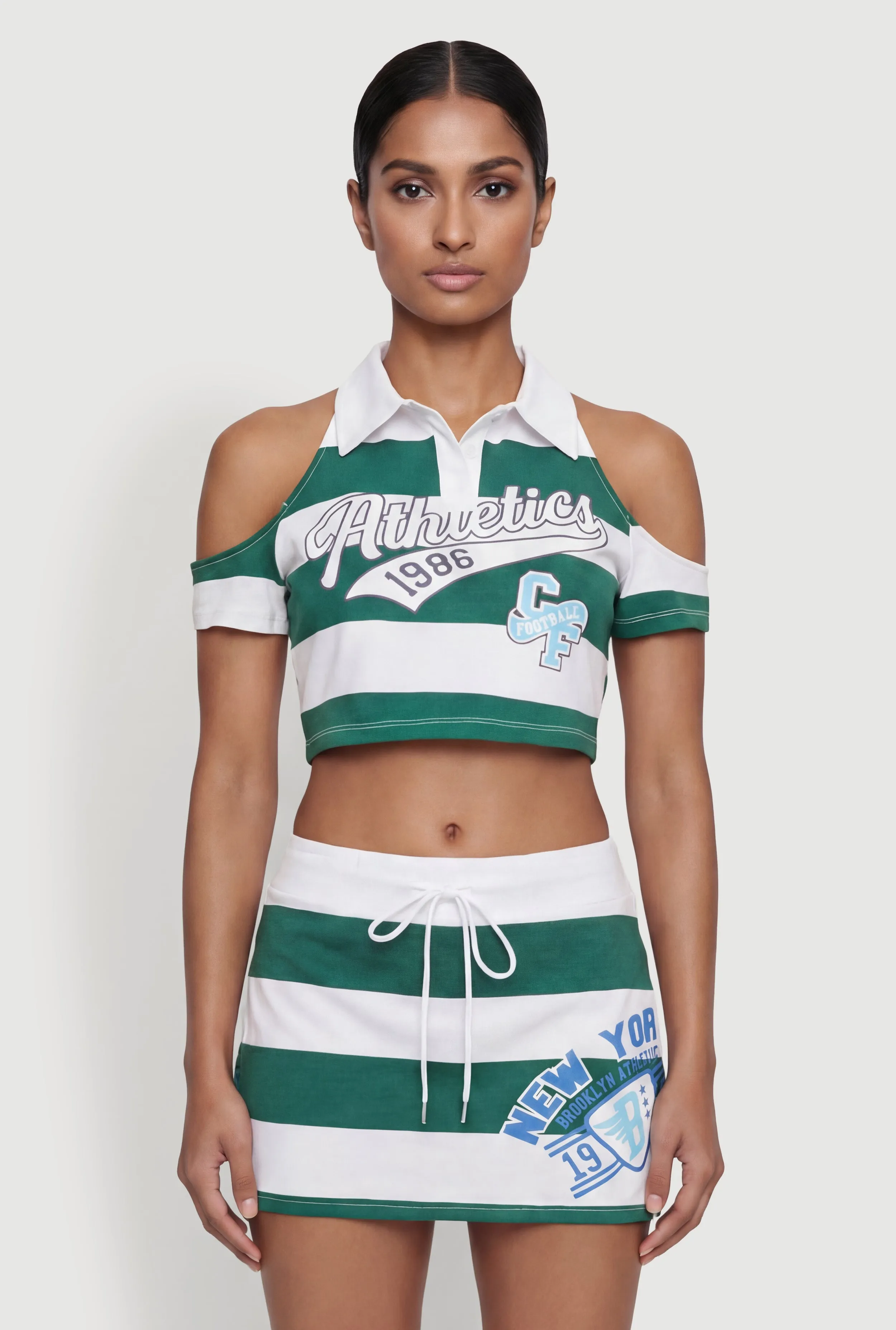 Graphic Striped Cold Shoulder Polo Crop Top sold by Rainbow product image thumbnail 2