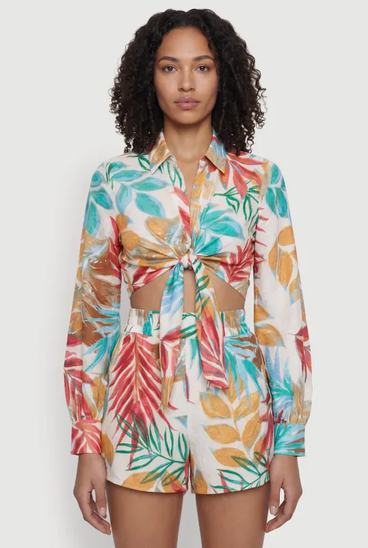 Floral Long Sleeve Tie Front Cropped Shirt made by Rainbow