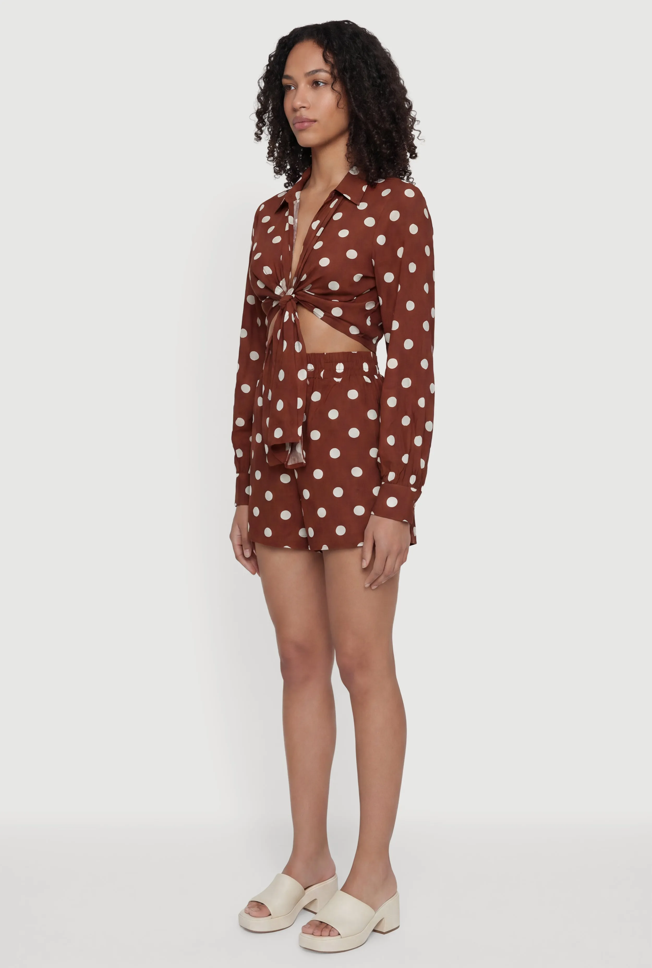 Polka Dot Long Sleeve Tie Front Cropped Shirt sold by Rainbow product image thumbnail 3
