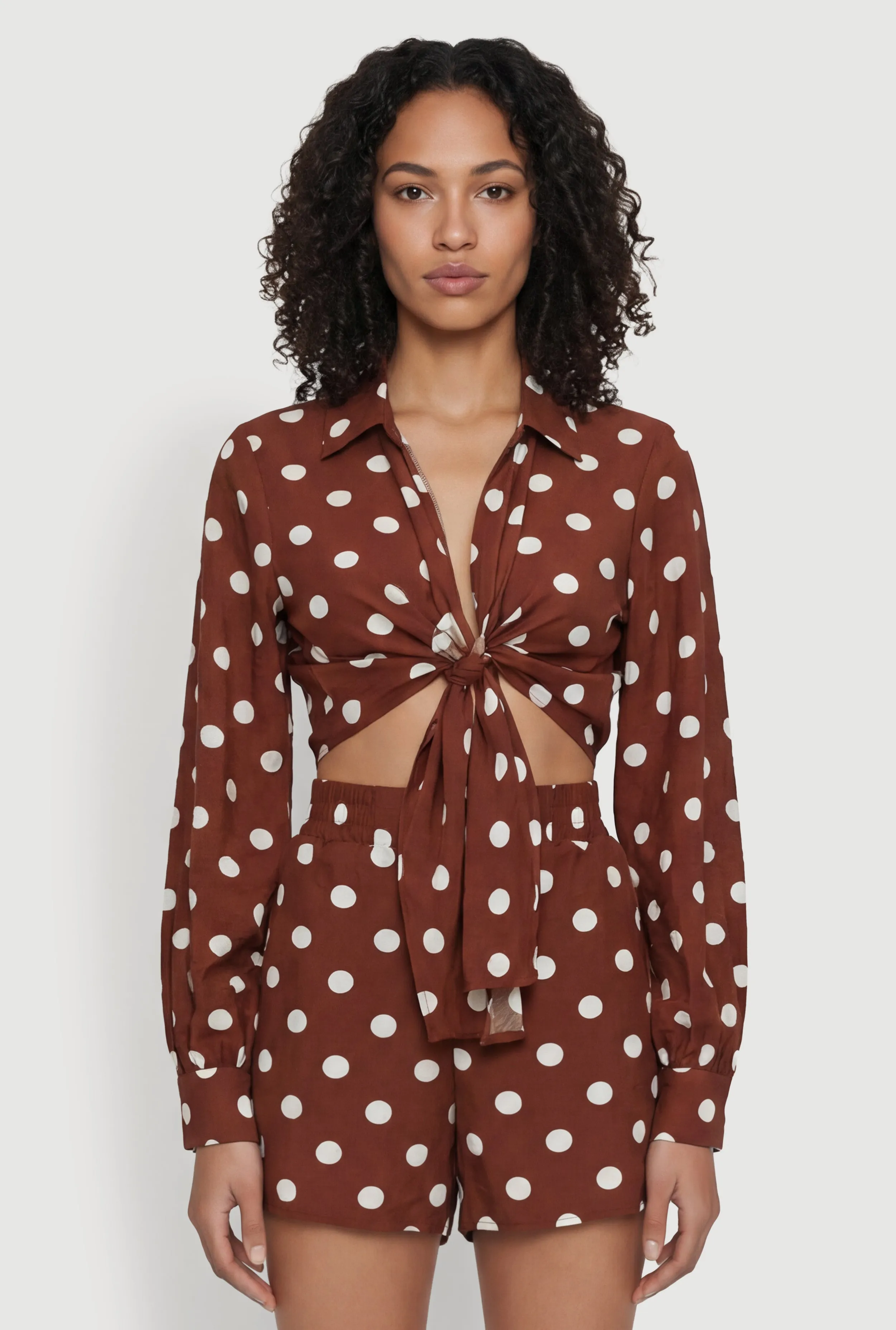 Polka Dot Long Sleeve Tie Front Cropped Shirt sold by Rainbow
