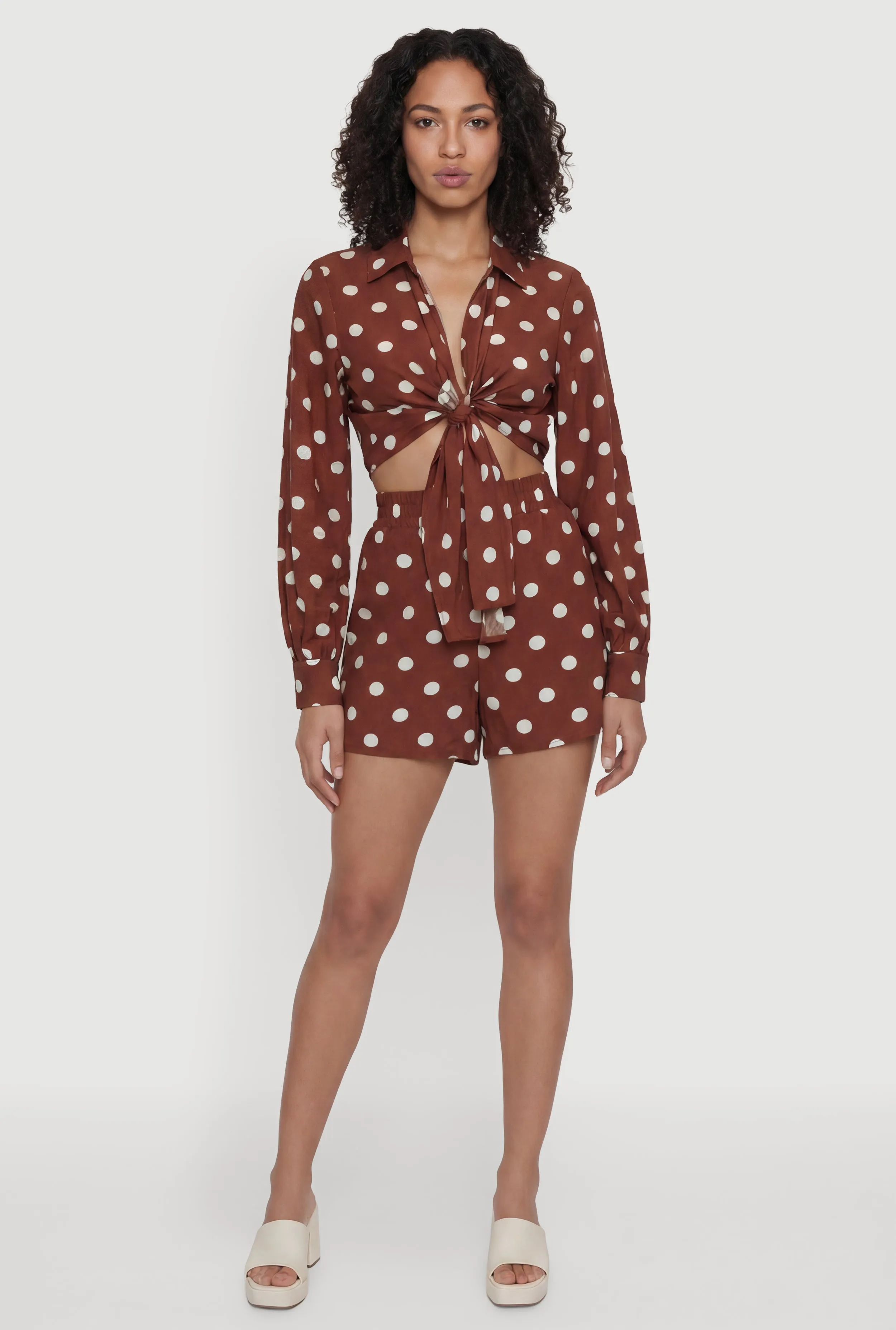 Polka Dot Long Sleeve Tie Front Cropped Shirt sold by Rainbow product image thumbnail 2
