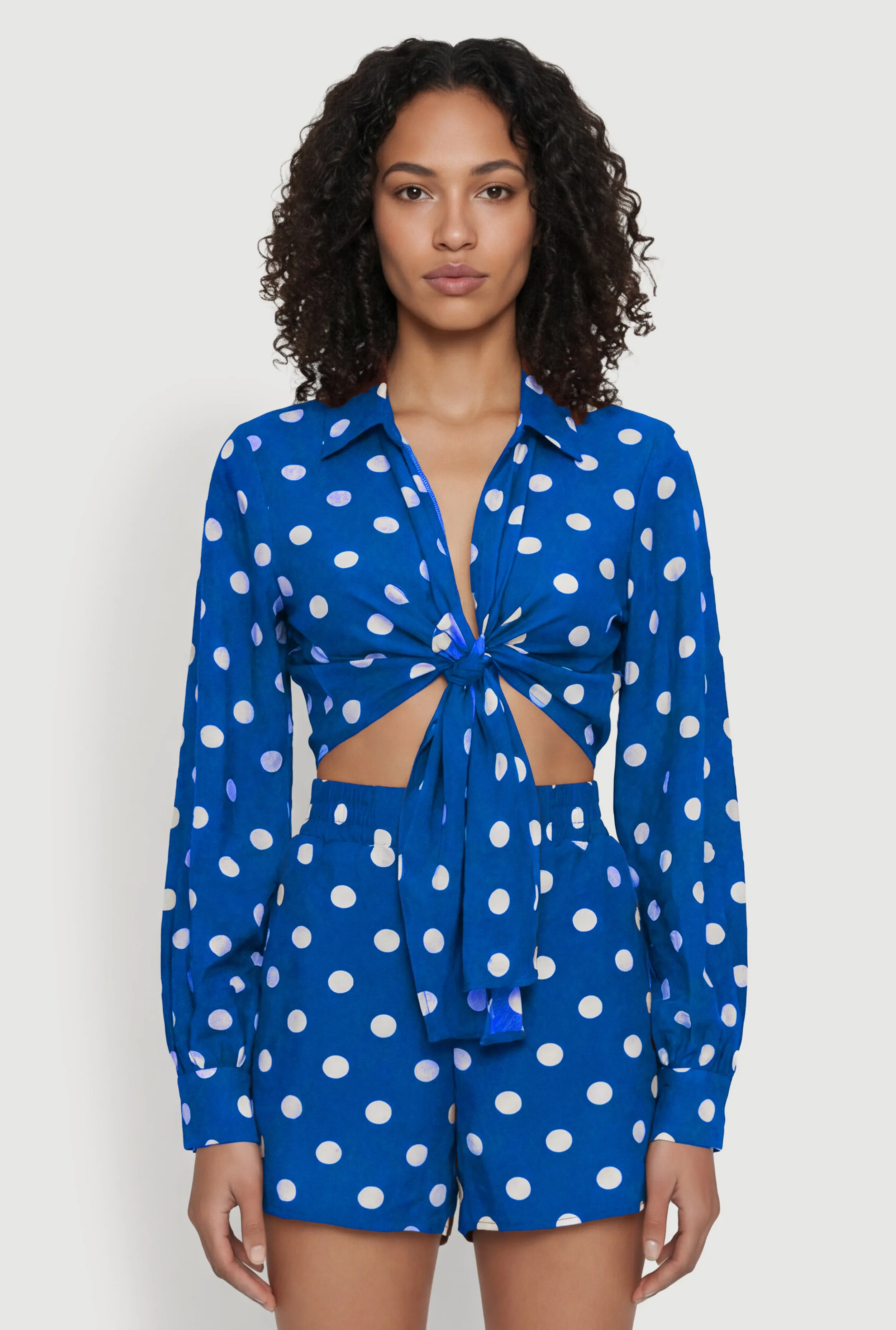 Polka Dot Long Sleeve Tie Front Cropped Shirt sold by Rainbow
