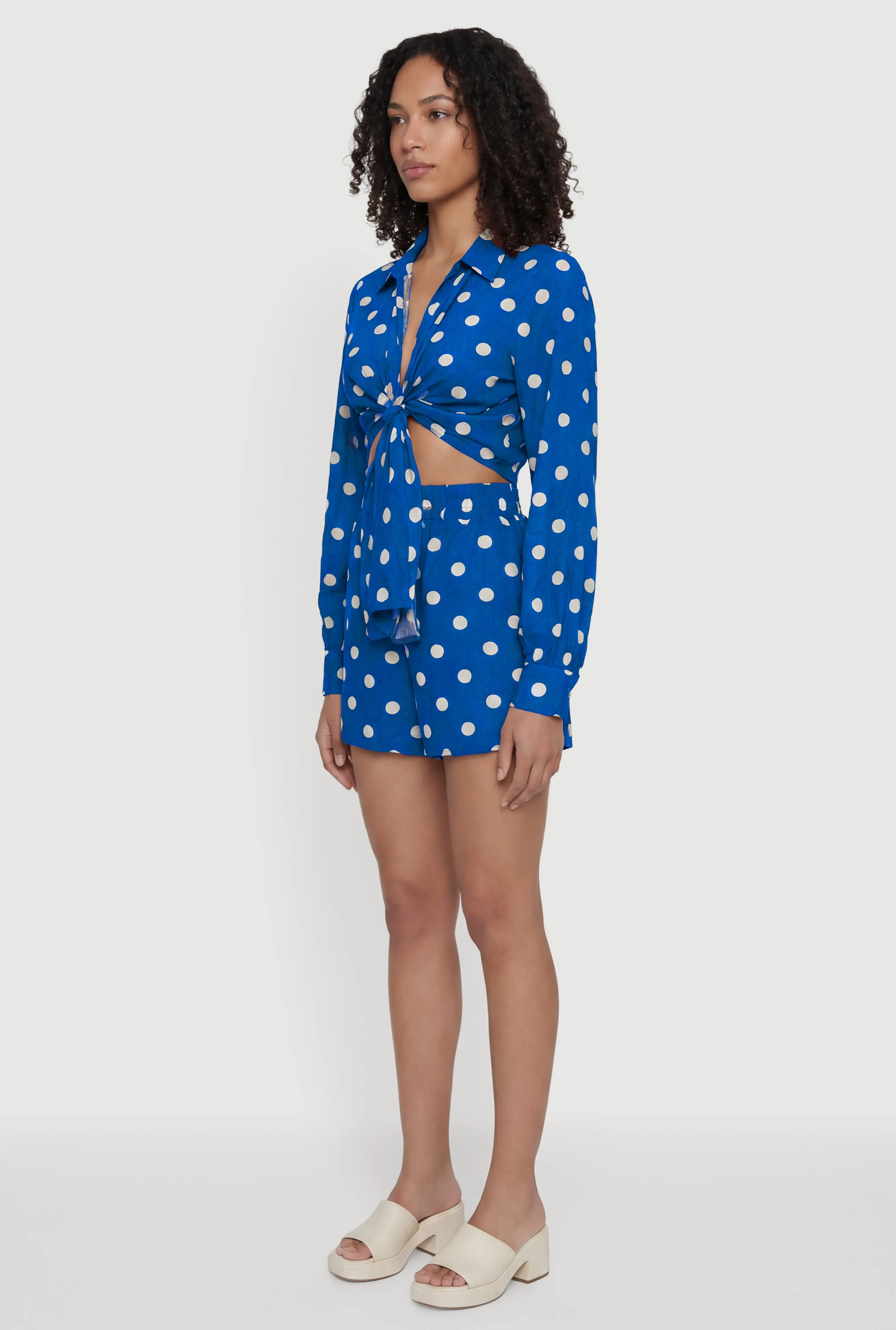 Polka Dot Long Sleeve Tie Front Cropped Shirt sold by Rainbow product image thumbnail 3