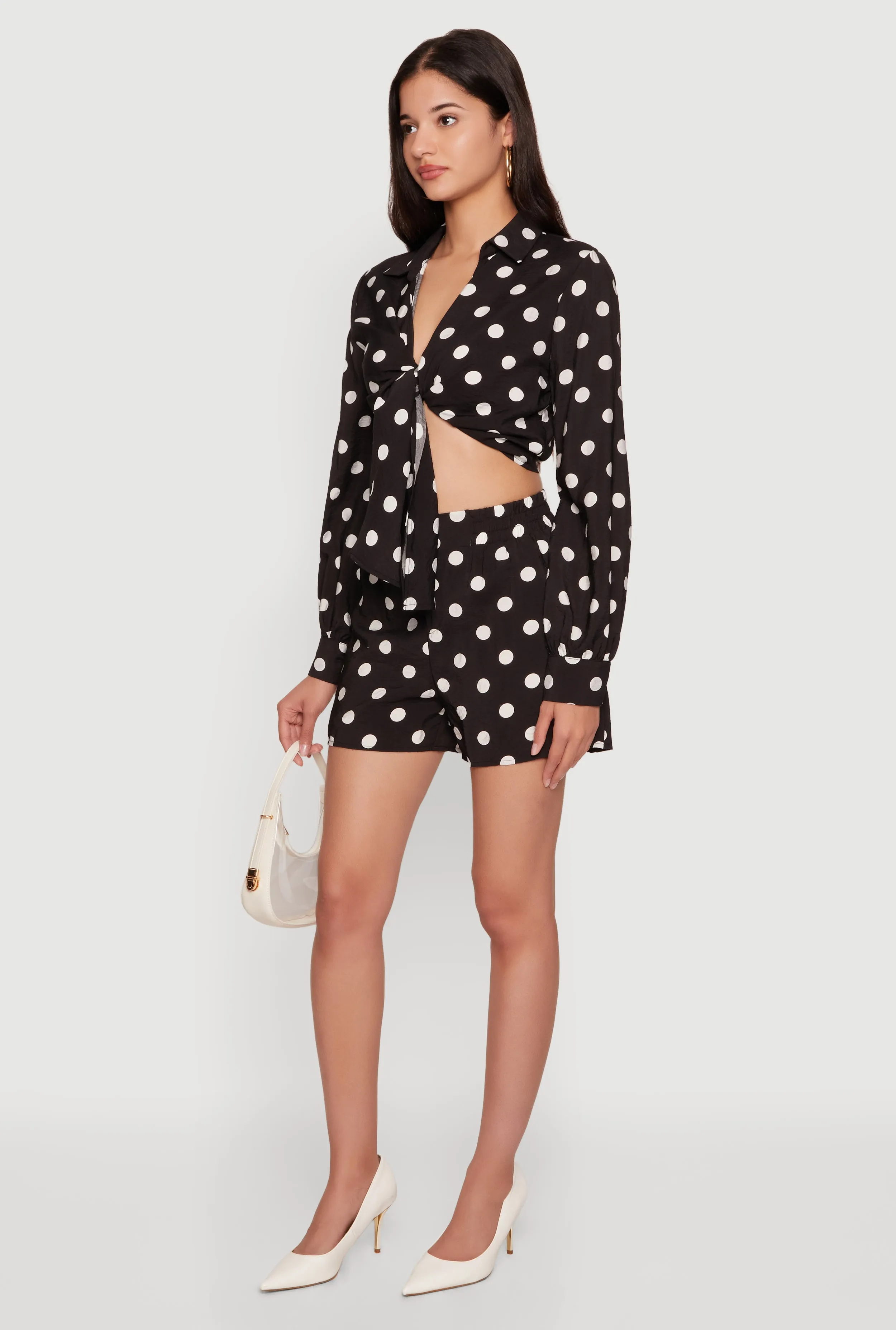 Polka Dot Long Sleeve Tie Front Cropped Shirt sold by Rainbow product image thumbnail 3