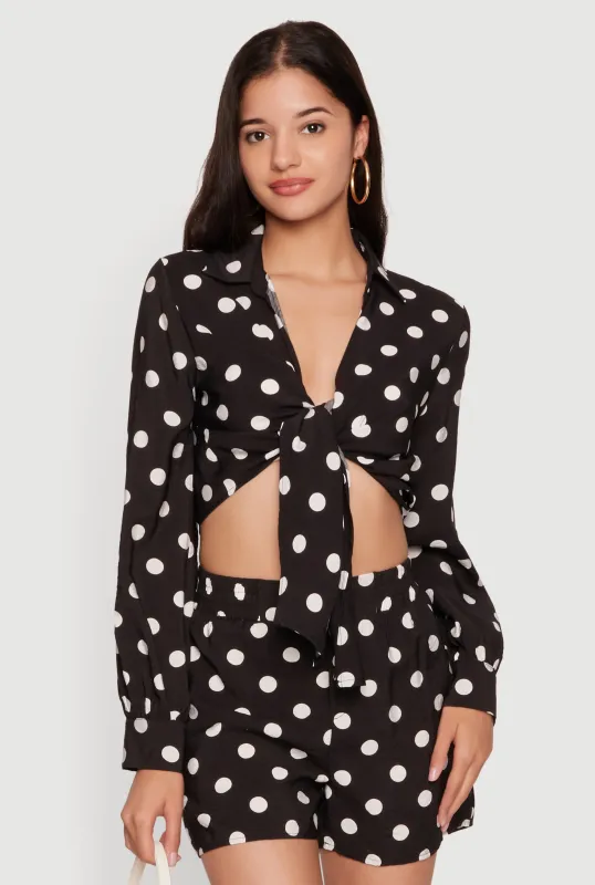 Polka Dot Long Sleeve Tie Front Cropped Shirt made by Rainbow