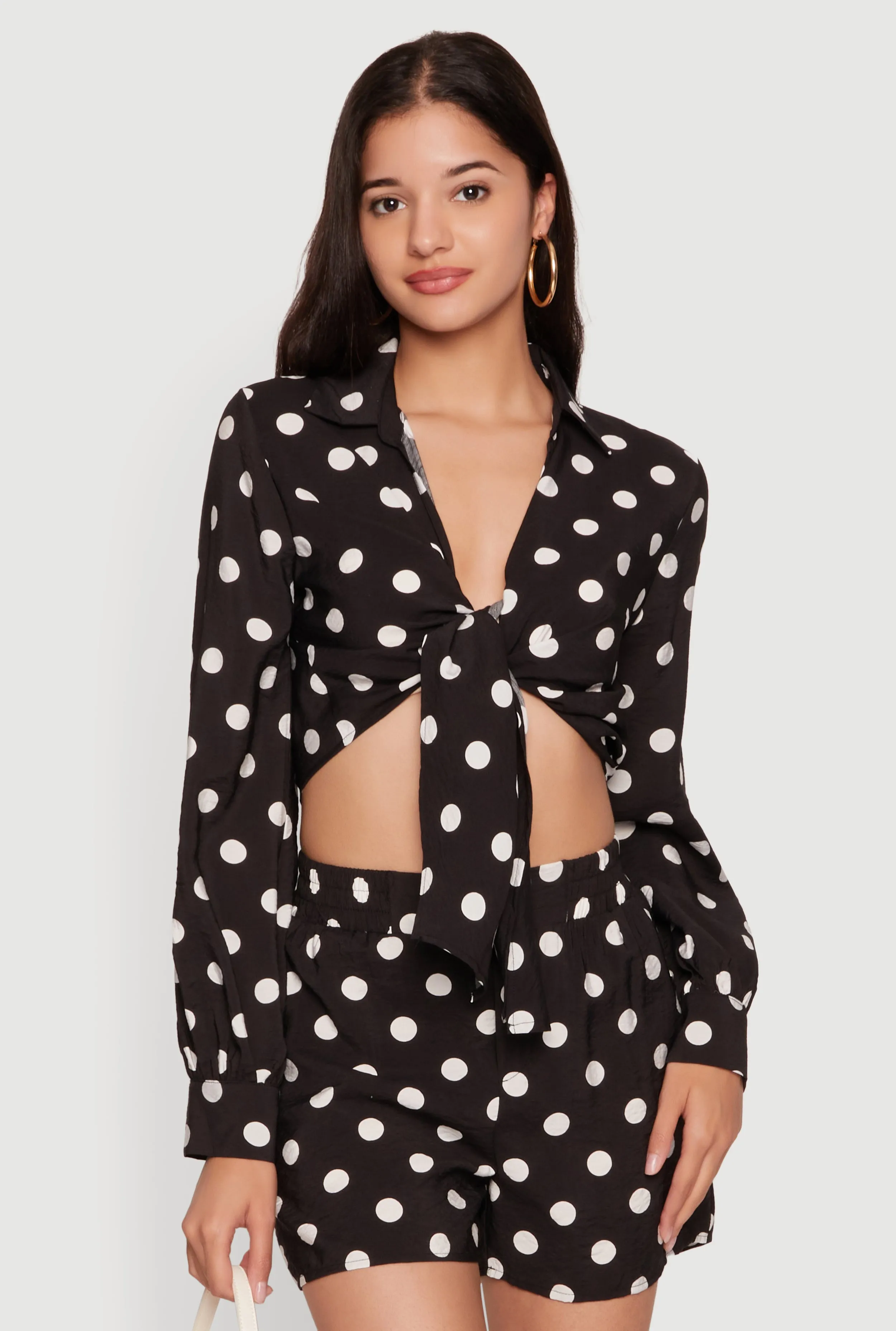 Polka Dot Long Sleeve Tie Front Cropped Shirt sold by Rainbow
