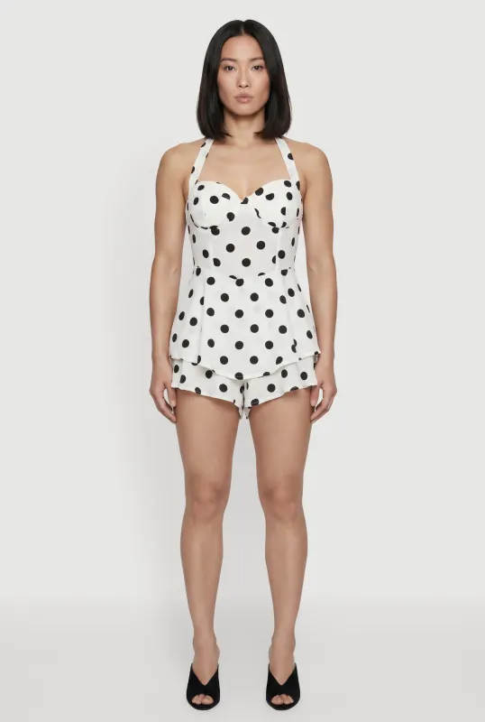 Polka Dot Print Tie Neck Bustier Romper made by Rainbow