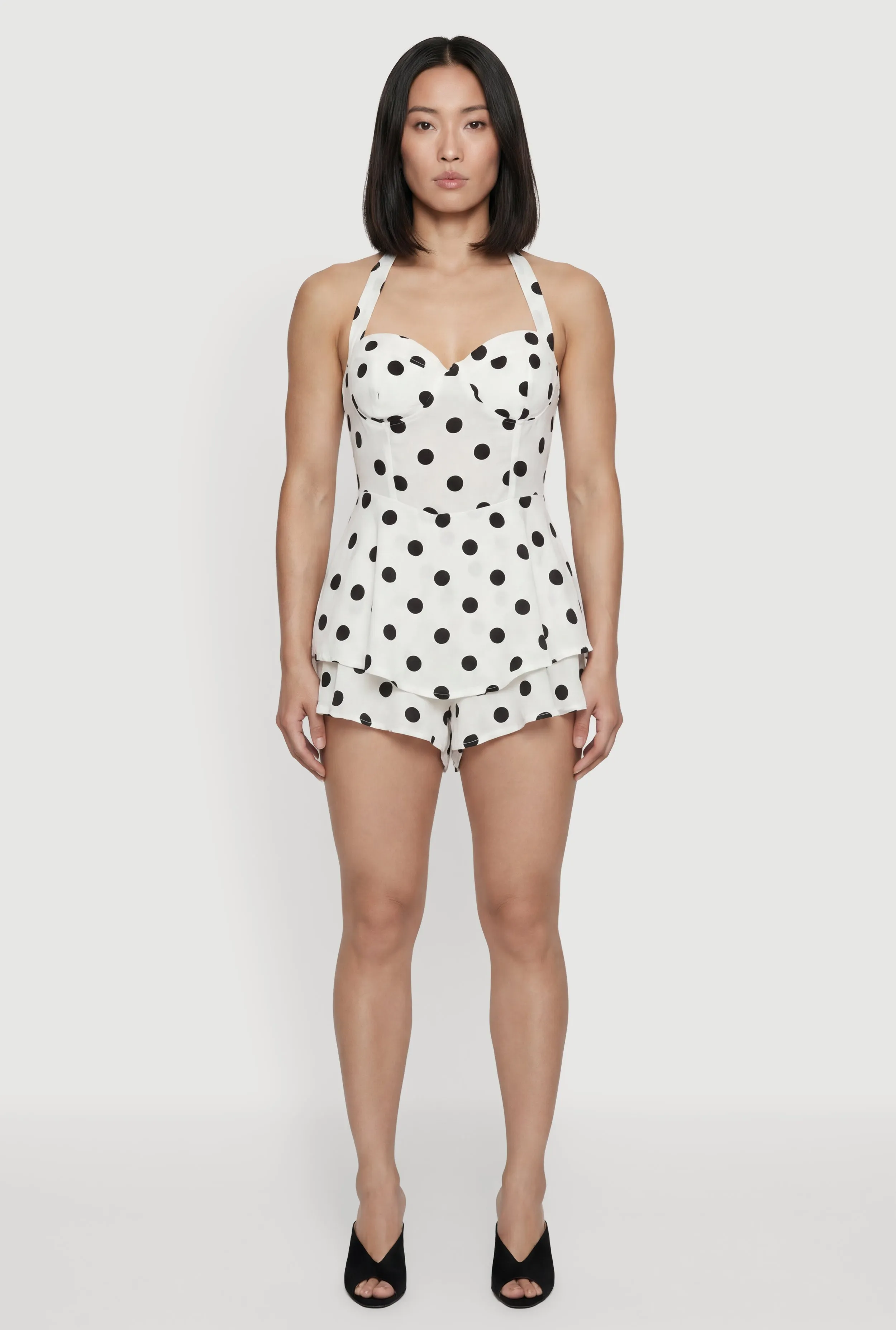 Polka Dot Print Tie Neck Bustier Romper sold by Rainbow