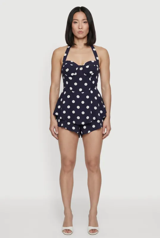 Polka Dot Print Tie Neck Bustier Romper made by Rainbow