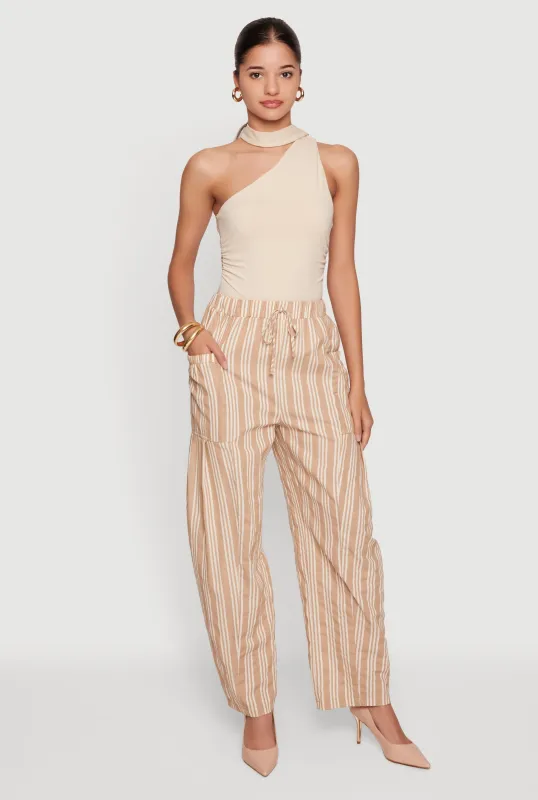 High Waisted Linen Striped Pants with Side Pockets made by Rainbow