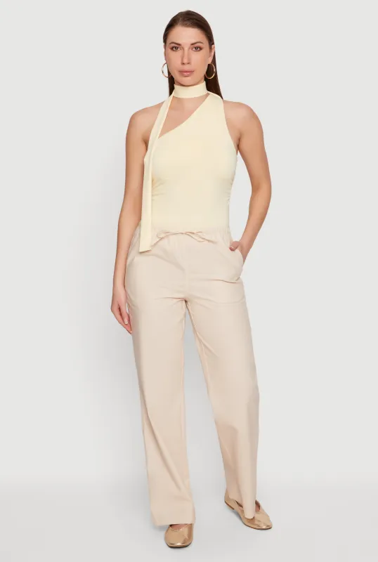 Linen Drawstring Waist Straight Leg Pants made by Rainbow
