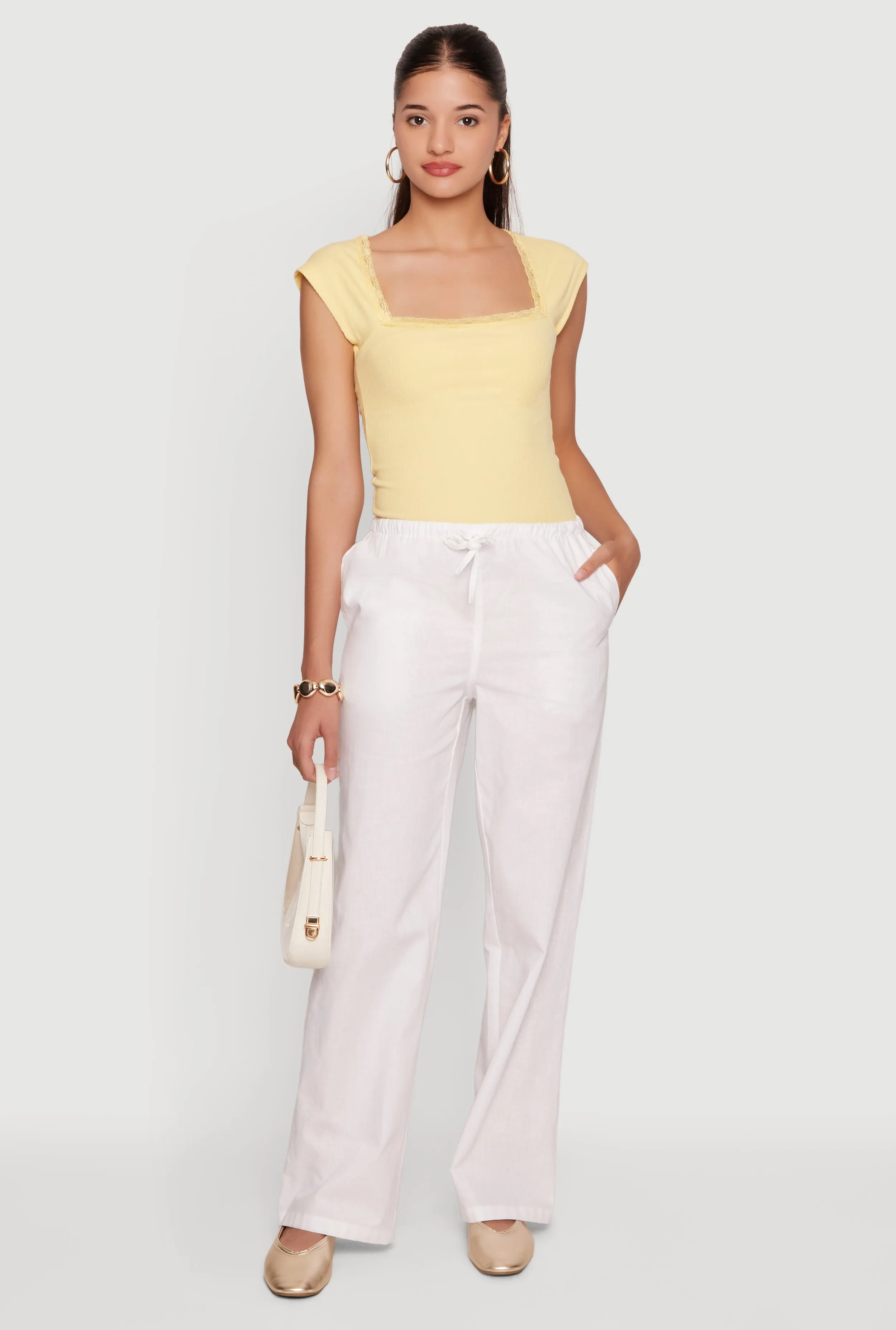 Ribbed Knit Lace Trim Cap Sleeve Tee sold by Rainbow