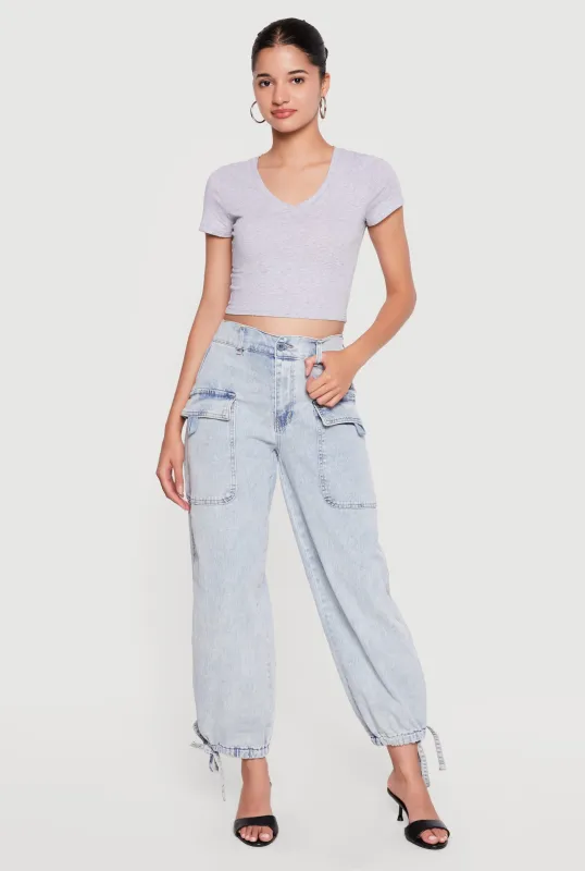 High Waisted Drawstring Hem Denim Cargo Joggers made by Almost Famous