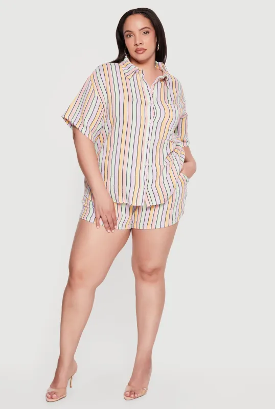 Plus Size Striped Drawstring High Waisted Shorts made by Rainbow