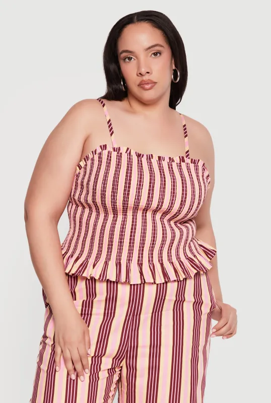 Plus Size Striped Smocked Cami with Ruffles made by Rainbow
