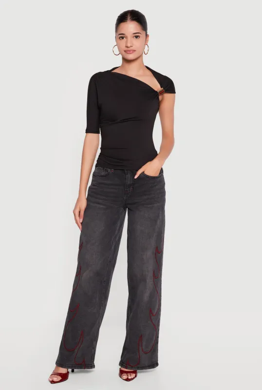 Metallic Detail Asymmetrical Neck Blouse made by iris