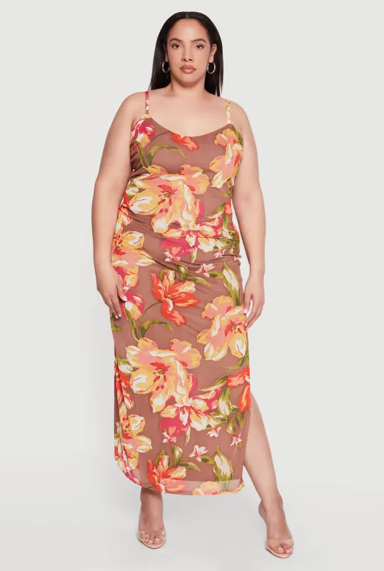 Plus Size Floral Mesh Overlay Side Slit Maxi Dress made by Rainbow