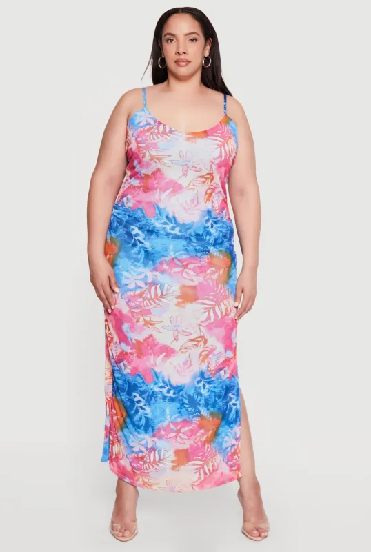 Floral Water Color Print Side Slit Maxi Dress made by Rainbow