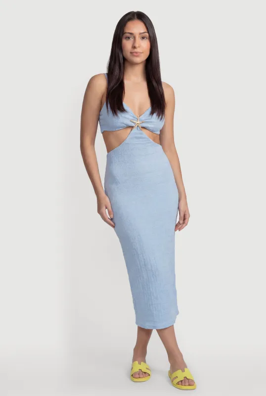 Metallic Starfish Detail Keyhole V Neck Midi Dress made by Rainbow