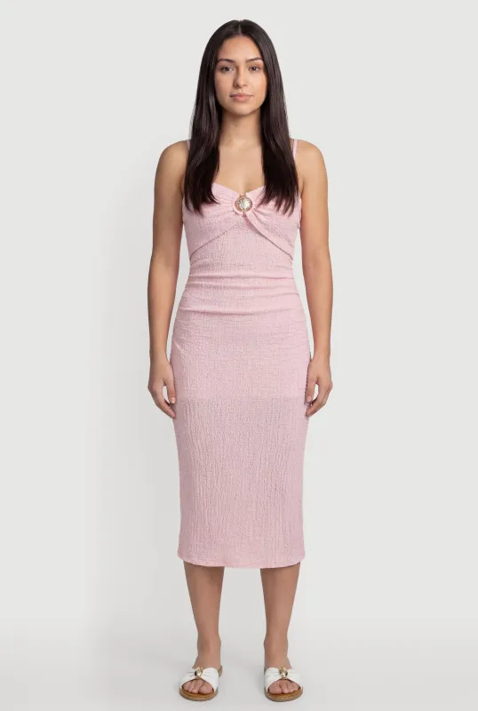 Metallic Detail Textured Knit Back Slit Midi Dress made by Rainbow
