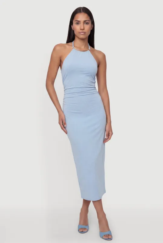 Metallic Neck Detail Side Ruched Midi Dress made by Rainbow