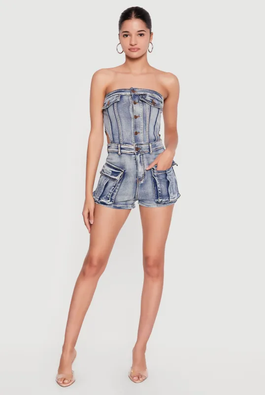 Cutout Side Cargo Pocket Denim Rompers made by Daisy