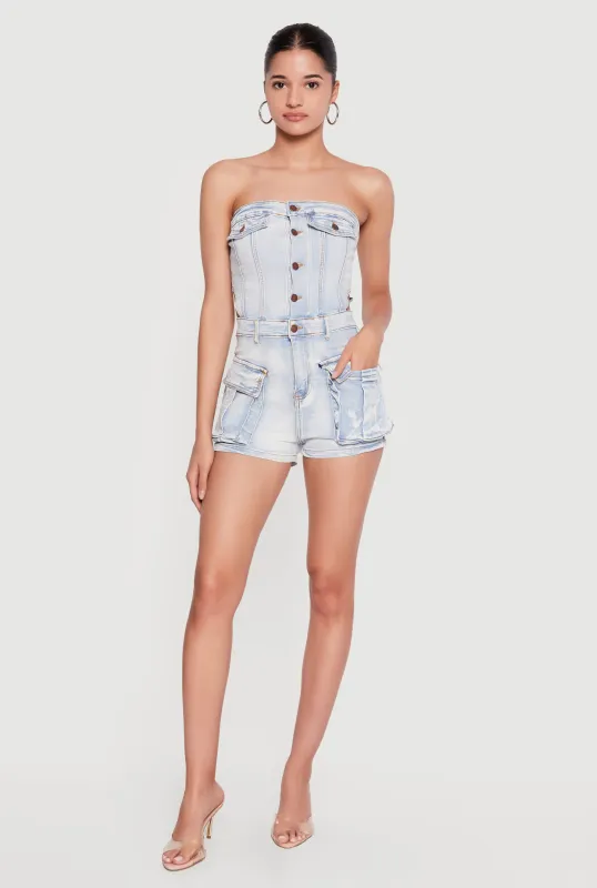 Cutout Side Cargo Pocket Denim Rompers made by Daisy