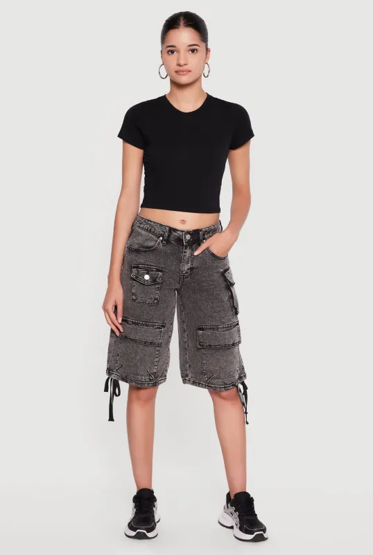 Drawstring Hem Acid Wash Cargo Bermuda Shorts made by Almost Famous