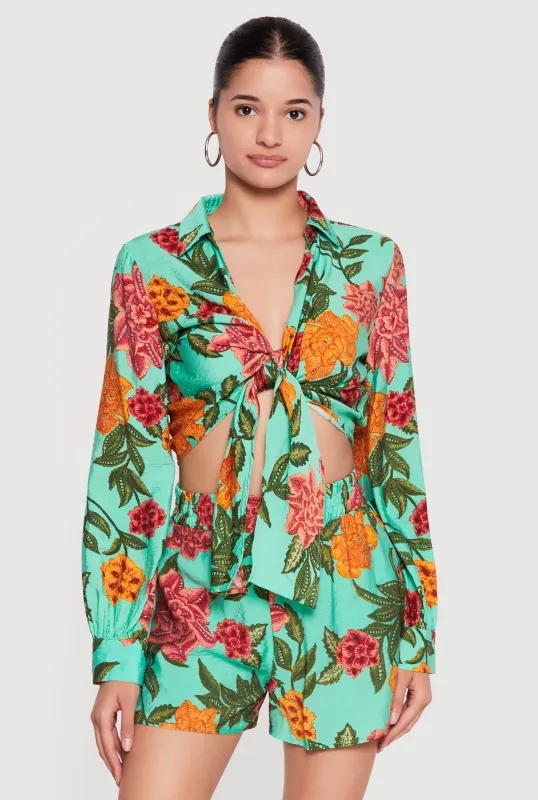 Floral Long Sleeve Tie Front Cropped Shirt made by Rainbow