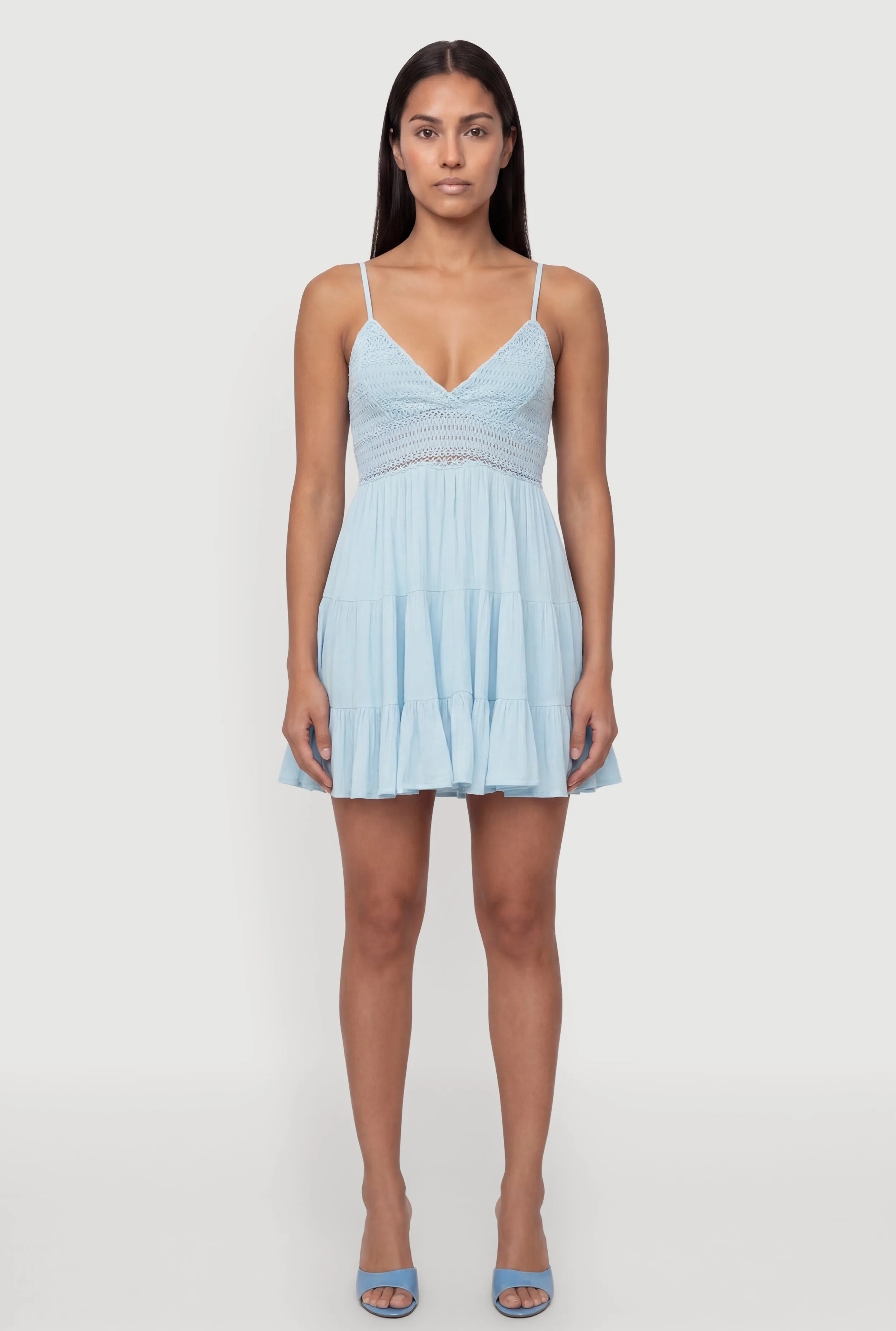 Crochet Detail Tiered Ruffle Trim Dress sold by Rainbow