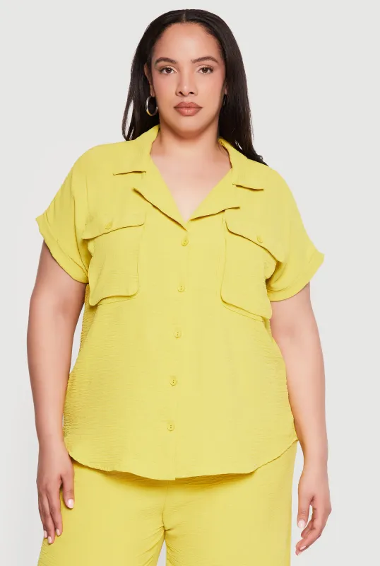 Plus Size Crepe Knit Dolman Sleeve Button Front Shirt made by Rainbow