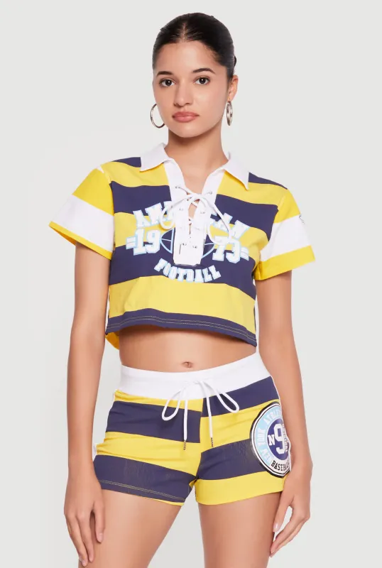 Striped Graphic Cropped Polo Top with Lace Up Detail made by Rainbow