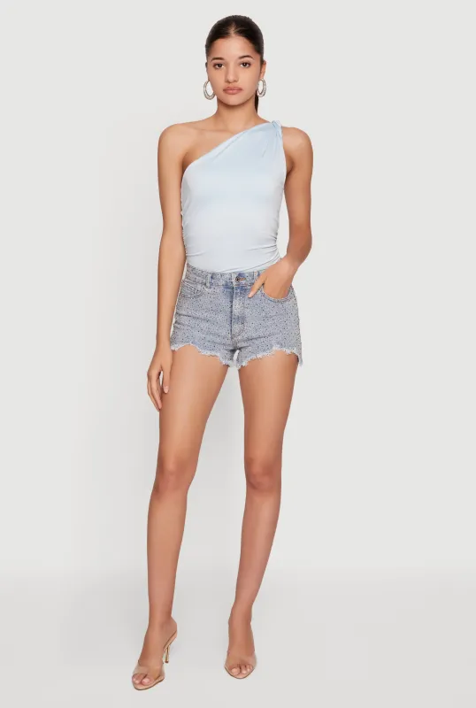 Frayed Hem Studded Denim Shorts made by Rainbow