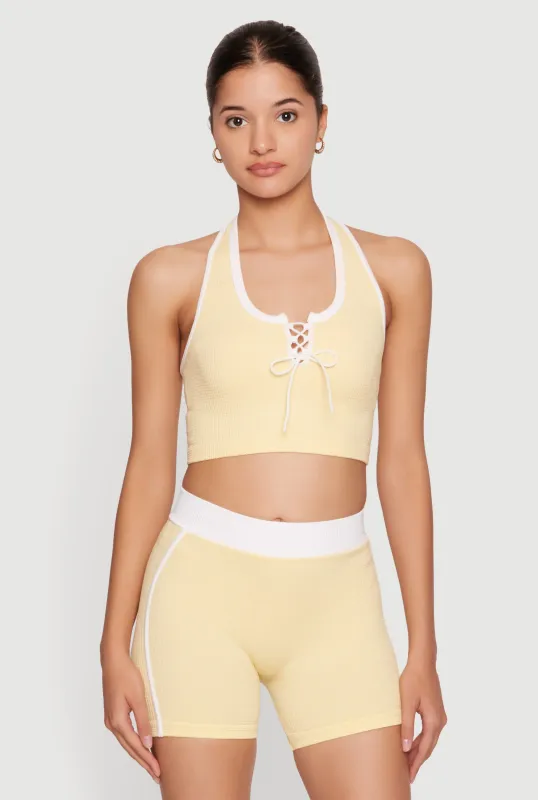 Seamless Contrast Trim Lace Up Notch Neck Halter Top made by Rainbow